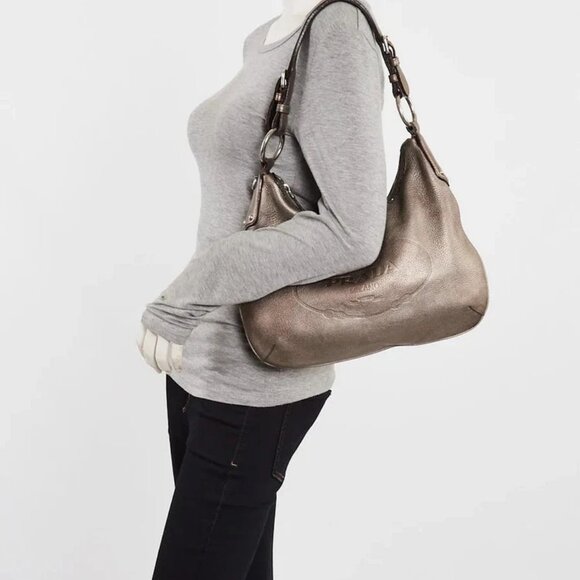 Prada Pewter Vitello Daino Leather Zip Top Hobo Bag - Picture 2 of 12